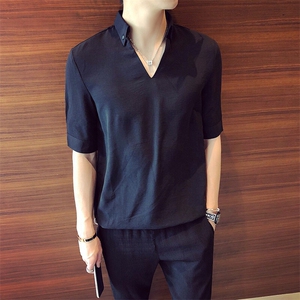 春夏休闲男士半袖衬衣V领松紧收腰五分袖衬衫CS63/P5575图片