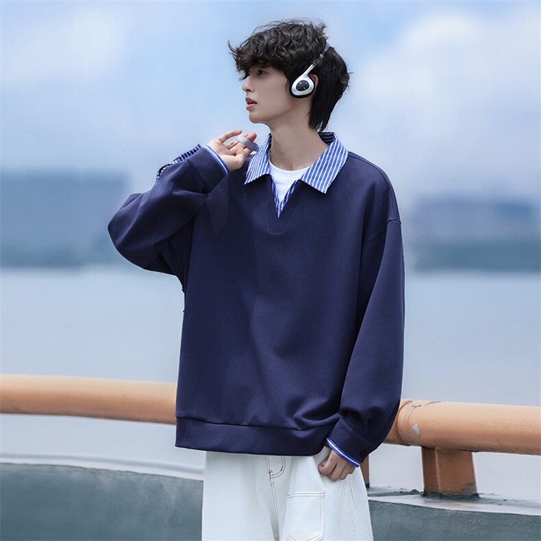 Y502-P45港风纯色翻领卫衣男落肩打底衫潮流百搭上衣外,男装T恤,星座1204