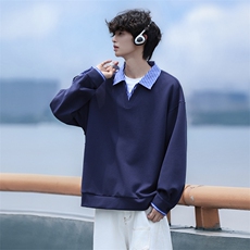 Y502-P45港风纯色翻领卫衣男落肩打底衫潮流百搭上衣外，男装T恤，星座1204