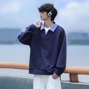 Y502-P45港风纯色翻领卫衣男落肩打底衫潮流百搭上衣外图片