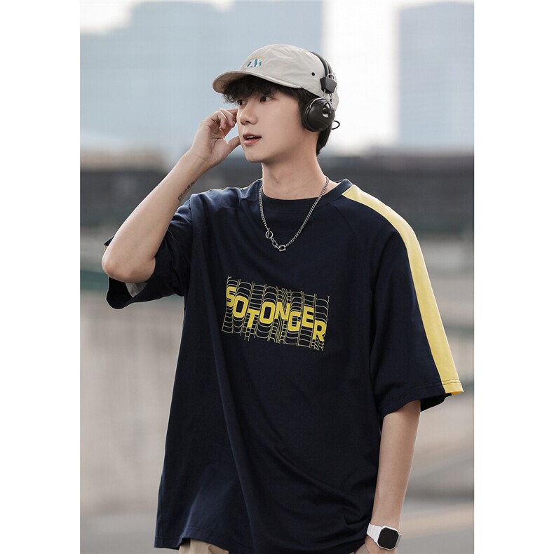 2025夏季新款创意字母印花休闲拼接港风T恤T1025/P35控49-棉,男装T恤,电商A148