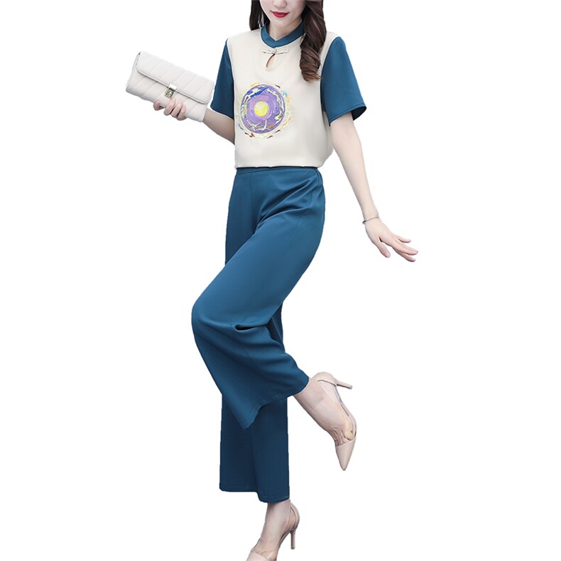 芷墨夏装新款时尚复古套装刺绣套装阔腿裤套装女,商品下架区,芷墨服饰