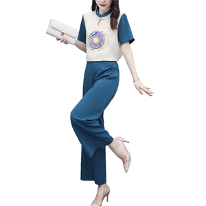 芷墨夏装新款时尚复古套装刺绣套装阔腿裤套装女图片