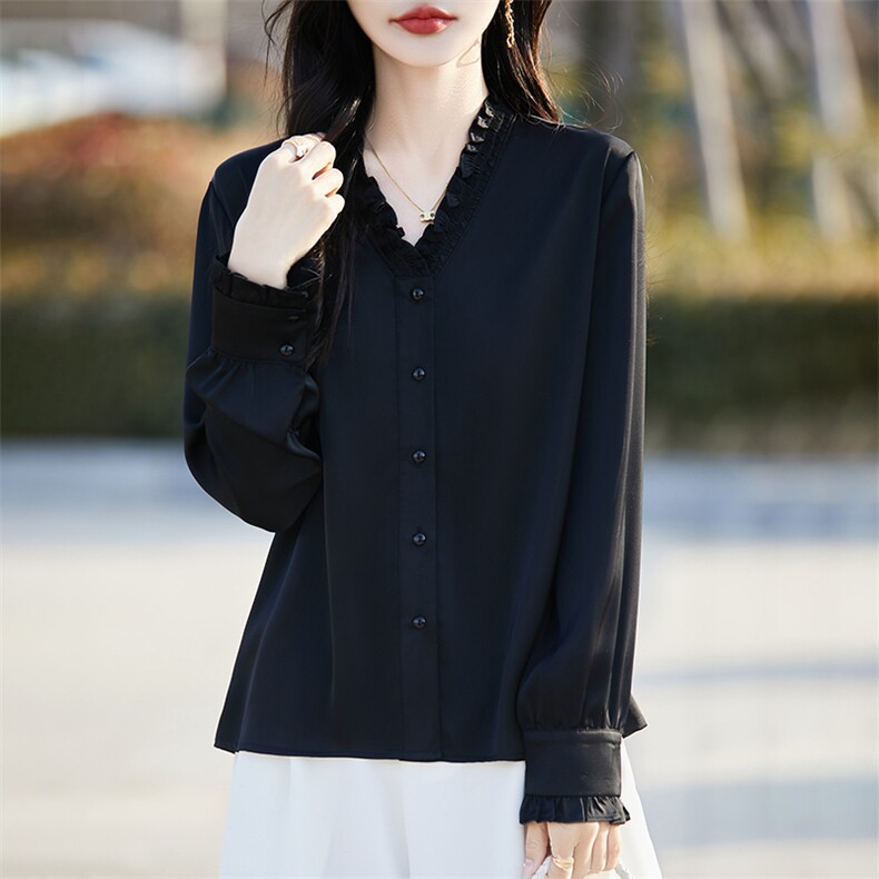 春秋新款缎面真丝长袖开衫女V领木耳边纯色百搭上衣宽松醋酸衬衫,女装衬衫,臻维羊绒
