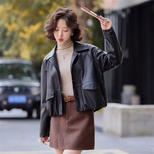 常规短款春季方领纽扣极简风皮衣春秋韩版机车服休闲气质小个子图片