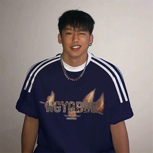 夏季美式高街重磅纯棉三条杠织带撞色男女短袖T恤ZD538-特P30图片