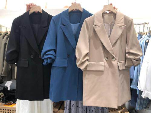 袖子抽褶西装绒感斜纹三色，女装西装，TOP.1