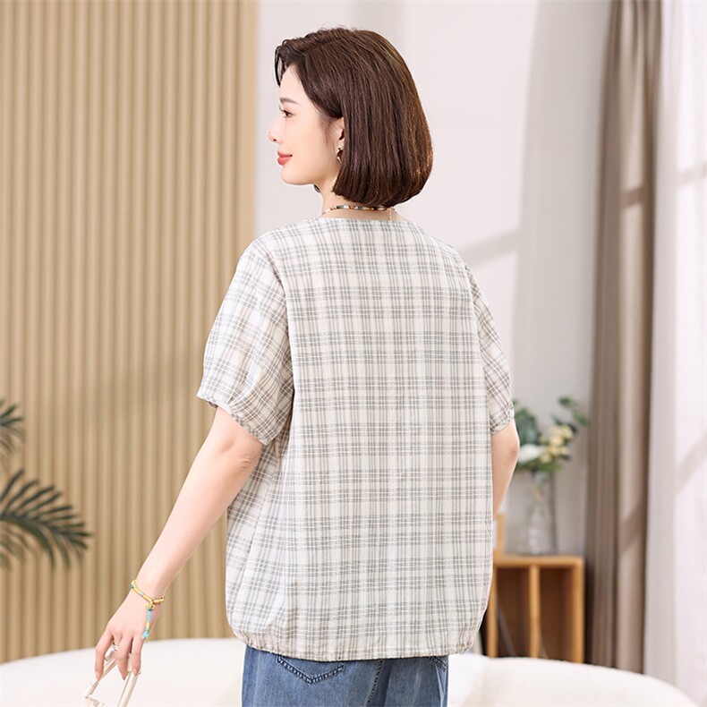 V领垂感天丝衬衫2025新款女士冰丝短袖复古格子衬衣中年妈妈上衣,女装衬衫,叶笙衣