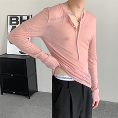 夏装时髦弹力深V打底肉粉色polo衫修身显瘦设计感长袖polo男女，男装Polo衫，星座909