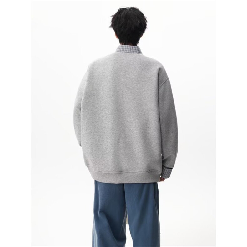 格子拼接polo衫领加绒卫衣男春秋季2025新款假两件长袖t恤上衣服,男装T恤,星座1210-1