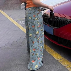 复古港风花朵印花阔腿牛仔裤女夏季新款高腰百搭碎花拖地裤长裤，男装牛仔裤，星座1210-1