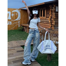 美式潮流设计感复古蓝色破洞牛仔裤新款宽松直筒磨破长裤子，男装牛仔裤，星座1018A