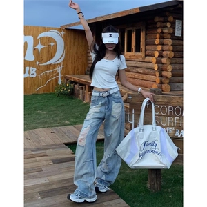 美式潮流设计感复古蓝色破洞牛仔裤新款宽松直筒磨破长裤子图片