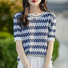 法式圆领条纹纯棉针织短袖t恤女2025新款提花正肩半袖百搭上衣潮，女装针织衫/毛衣，斯美雅电商供货