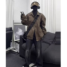 直播品质磨砂PU皮夹克宽松复古纯色外套DY2407-特P80，男装夹克，星座1213