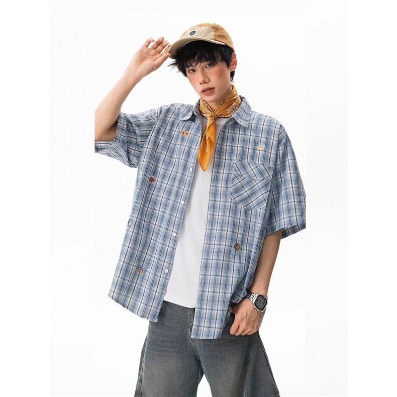 水果贴纸短袖衬衫男女夏季格子半袖宽松休闲衬衣C7017-P42,男装T恤,星座1001-1