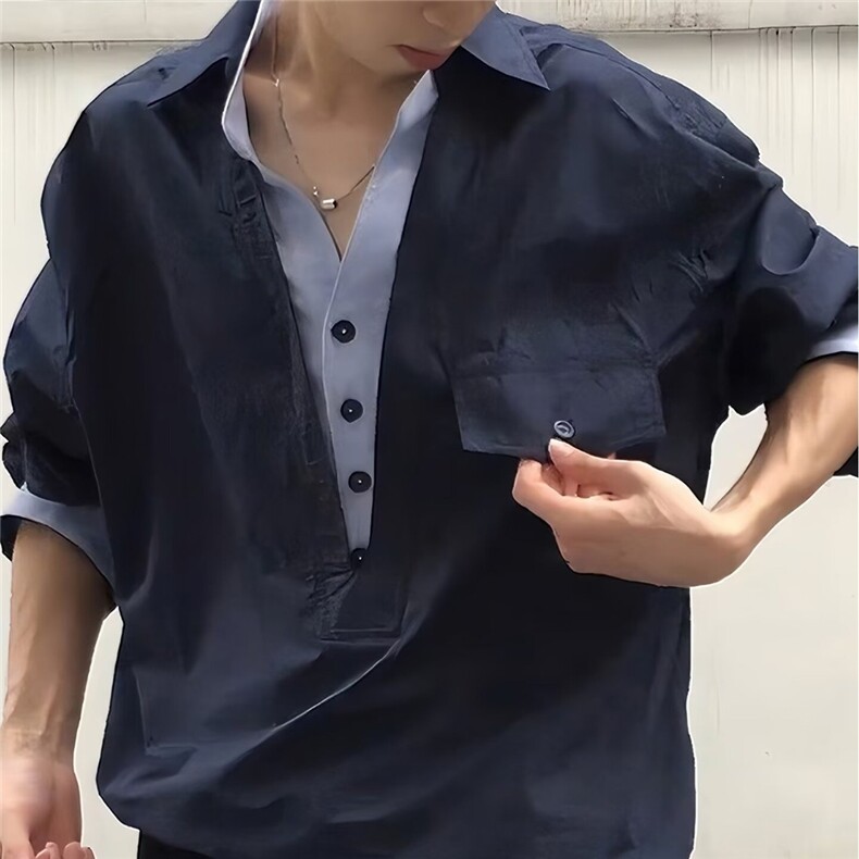 老钱风假两件V领衬衫男女春秋慵懒风设计感宽松穿搭拼接工装外套,男装衬衫,星座302B