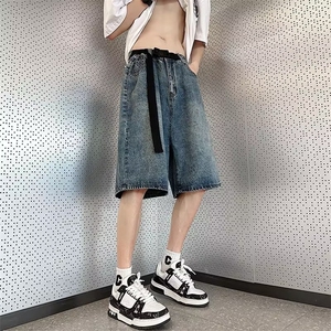 夏季男士牛仔短裤潮牌ins可调节腰带裤子宽松日系港风休闲五分裤图片