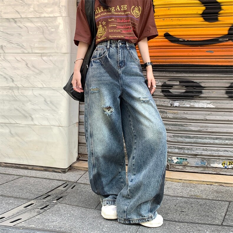 美式泼墨破洞弯刀牛仔裤男高街宽松复古潮牌设计感阔腿微喇长裤子，男装牛仔裤，星座1210-1