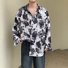 风水墨画高级感上衣男式衬衣复古树叶衬衣男装春225-2-CS705，男装衬衫，星座225-2