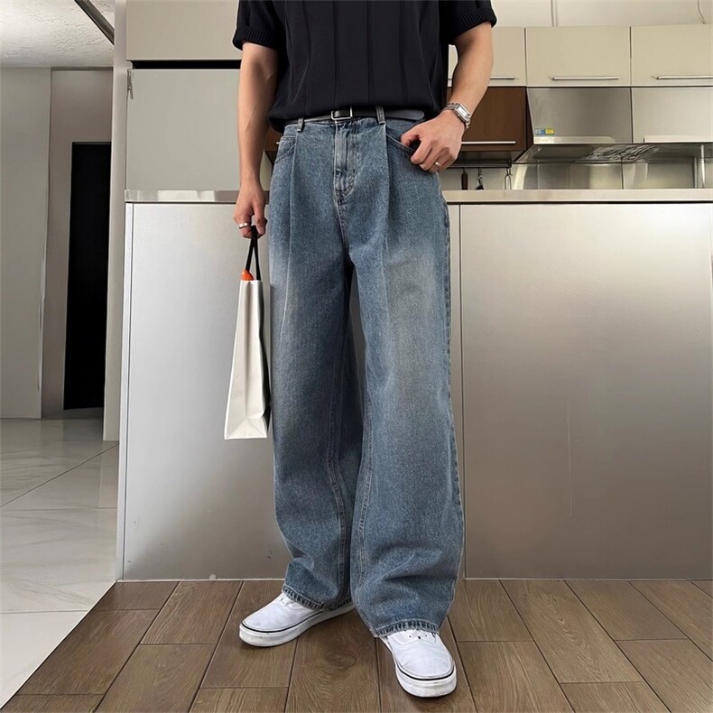 休闲美式覆古掐褶水洗牛仔裤男夏季薄款潮流百搭宽松阔腿直筒长裤,女装休闲裤,星座1210-1