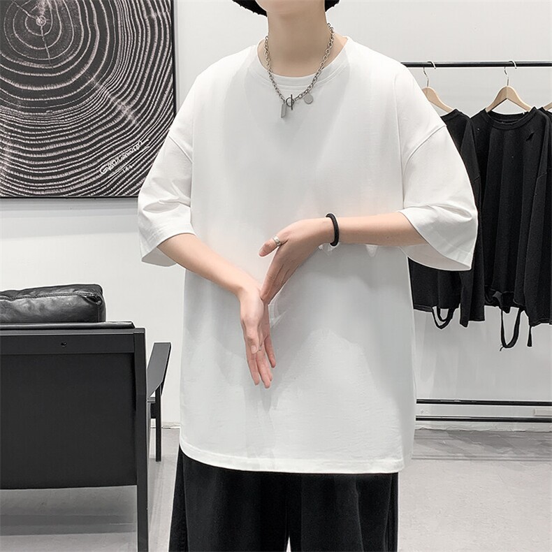 支持单件包装抖音得物二开210克宽松落肩纯棉光版纯色短袖T恤9.5,男装T恤,电商A486-1