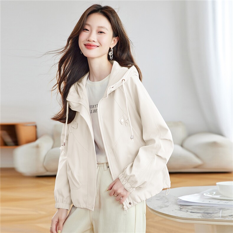 洋气粉色连帽短款风衣外套女2025秋季新款宽松休闲派克服夹克上衣,女装短外套,慕咨
