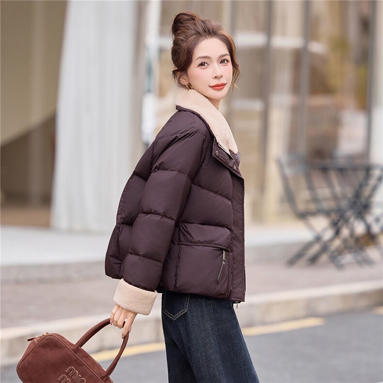 羊羔毛拼接短款白鸭绒羽绒服女2025冬新款加厚保暖,女装羽绒服,余墨