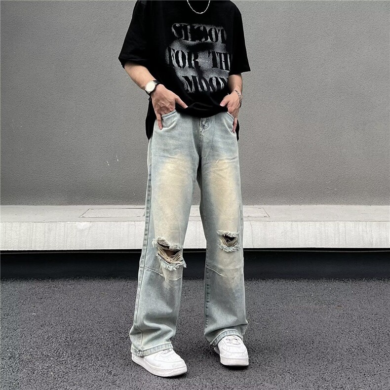 网图美式复古黄泥染破洞牛仔裤夏季宽松直筒牛仔裤 K8854-P45图片