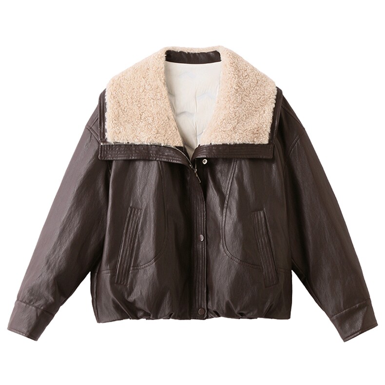 羊羔毛领拼接PU皮羽绒服女2025冬季新款小个子气质显瘦白鸭绒外套,女装羽绒服,衣之秀