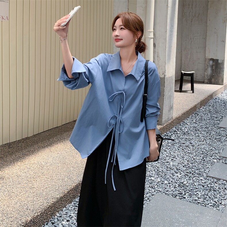 蓝色蝴蝶结系带衬衫套装裙女2025秋季新款设计感背心连衣裙两件套,女装套装/套裙,2C198