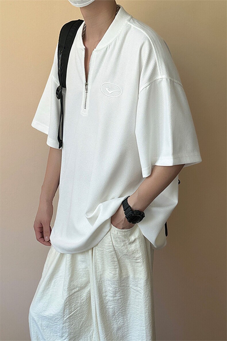 现货-夏季新品半拉链华夫格短袖男潮牌百搭宽松T恤-AT23008-P55,男装T恤,电商A351