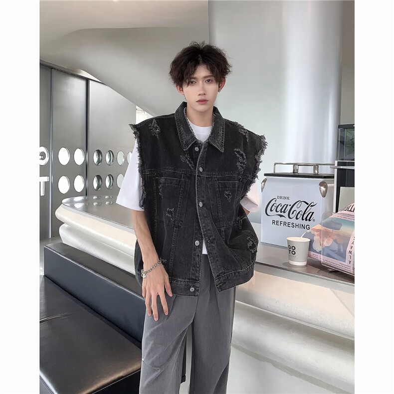 新款男装美式复古小众设计磨破牛仔马甲外套ins男水洗做旧坎肩潮,女装短外套,星座1013