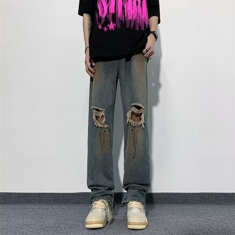 美式vibe裤子高街水洗牛仔裤男设计感小众拉链裤N1453P43,男装牛仔裤,星座1116-2