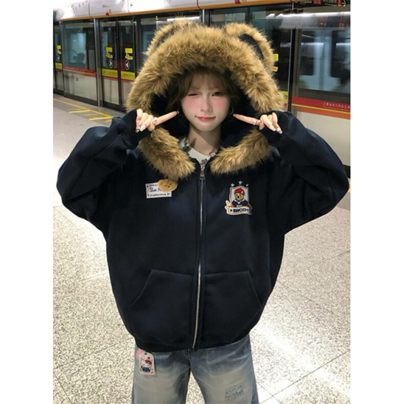 小熊毛领开衫卫衣男女超好看小众学院风加绒连帽外套WK3208,女装短外套,星座1116A（原606A-3）