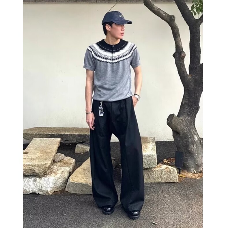 美式复古费尔岛撞色圆领短袖t恤女夏季设计感百搭亨利领针织上衣,男装T恤,星座506A