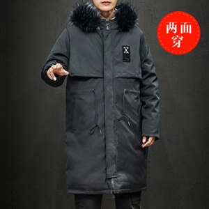 2021冬季新日系黑墙大码男大毛领两面穿抽绳中长款棉衣M729-P150图片