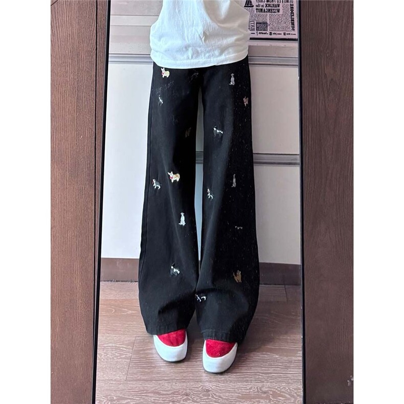 夏季趣味小狗刺绣阔腿牛仔裤女夏季新款宽松直筒裤A8052-P47，男装牛仔裤，星座208-5