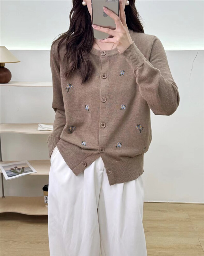 全身刺绣小花开衫长袖圆领2024年秋季针织上衣,女装羊毛衫,百纯羊绒