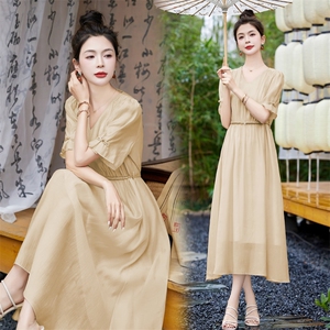 现货主推2025天丝棉连衣裙女高级感仙气精致收腰显瘦连衣裙图片