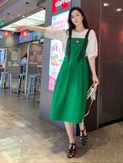 背带裙女2022年夏季新款圆领短袖中长款两件套裙子时尚十字架套装，女装连衣裙，梦懿尔