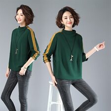 2021春秋装新款文艺条纹撞色高领打底衫韩版休闲t恤女长袖宽松，女装卫衣/绒衫，涵誉