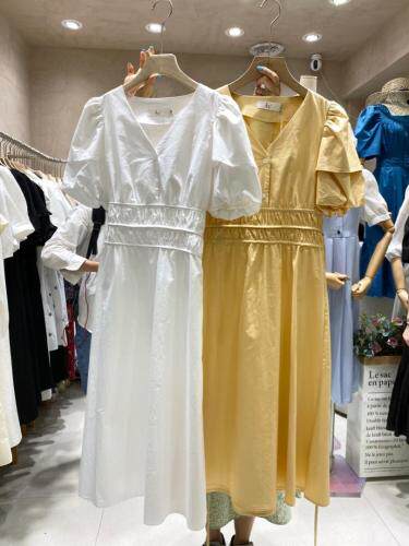 现货V领泡泡袖褶皱收腰连衣裙，女装连衣裙，FUXINXIN 福歆歆