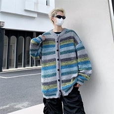 毛衣男秋冬慵懒风美式复古宽松潮牌油画彩虹渐变情侣针织开衫外套，男装针织衫/毛衣，星座1013