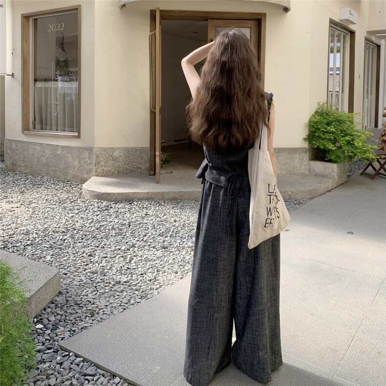 休闲风时尚套装夏季阔腿裤无袖复古显瘦上衣法式收腰,女装套装/套裙,2C305