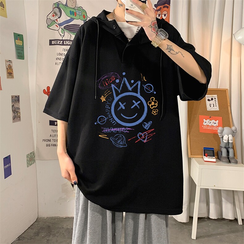 LD54180-P45连帽短袖t恤男大码胖子带帽五分袖中袖海报风,男装T恤,电商A040