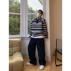 M289潮开衫蓝色条纹半拉链毛衣外套女早休闲青少年宽松型带帽，男装针织衫/毛衣，星座308A-1（原309B-1）