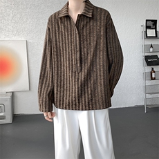S-3XL复古条纹半开领长袖衬衫上衣宽松慵懒休闲衬衣男CS534P48，男装衬衫，电商D206-1