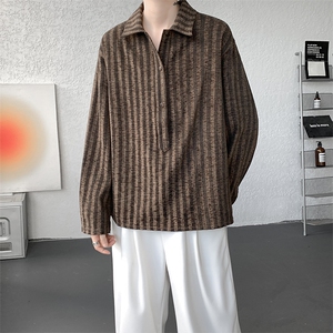 S-3XL 复古条纹半开领长袖衬衫上衣宽松慵懒休闲衬衣男CS534P48图片