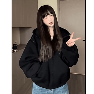 抖音得物高品质二开26春装美式高街铆钉拼接纯色开衫卫衣外套W122图片